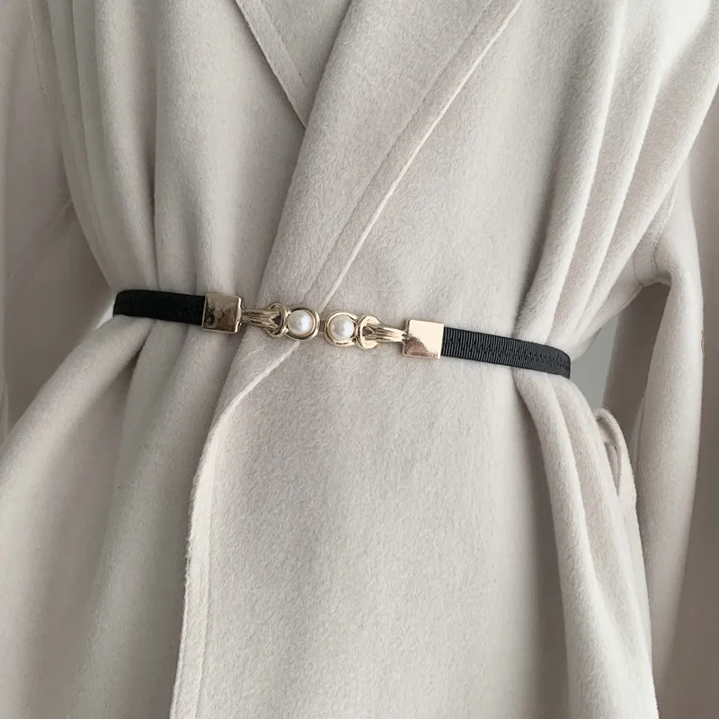 ANMAI Fashion Belt Ladies Thin Elastic Elastic Small Belt Decoration Dress Shirt Pearl Pair Belt for Ladies