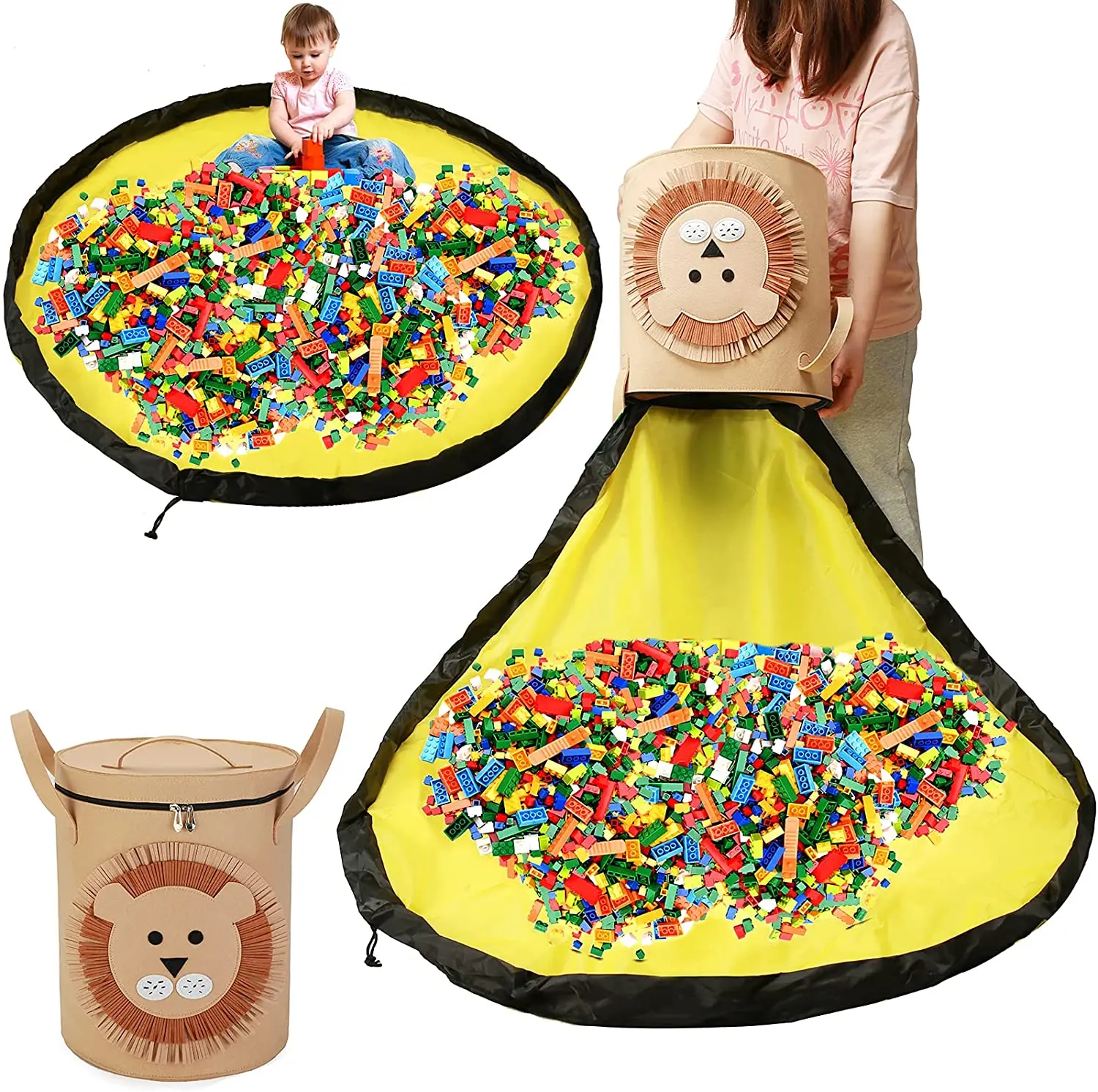 Portable Toy Storage Bag and Play Mat Toy Organizer Basket Drawstring blanket Container Bin for Lego Toy Bucket