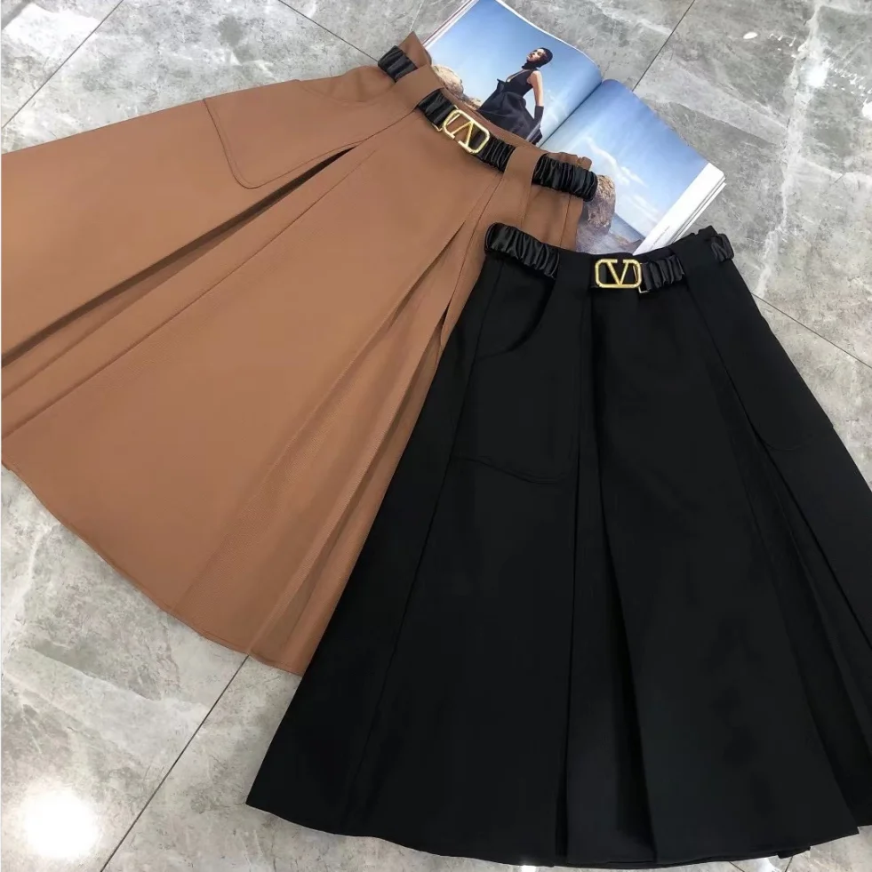 Original big V metal belt mid-length korean skirt womens midi skirts