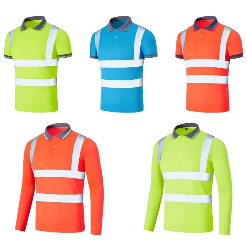 high visibility reflective stripe crew collar work safety T-Shirts construction engineer long sleeve hi-vis security polo shirts