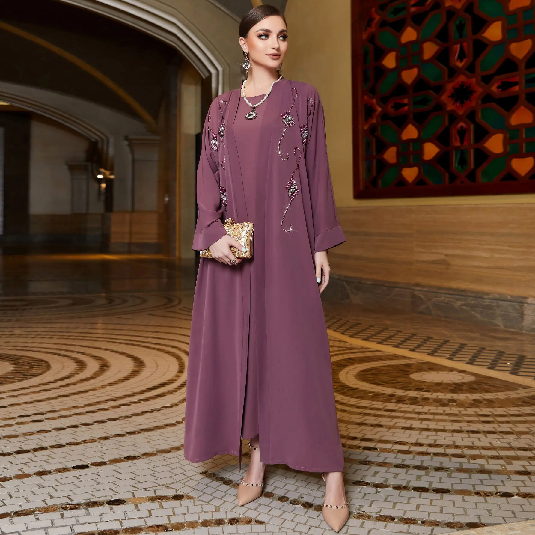 Manufacturer Traditional Muslim Clothing 2pcs Abaya Set handwork diamond muslim spring womens dress stylish abaya kaftan