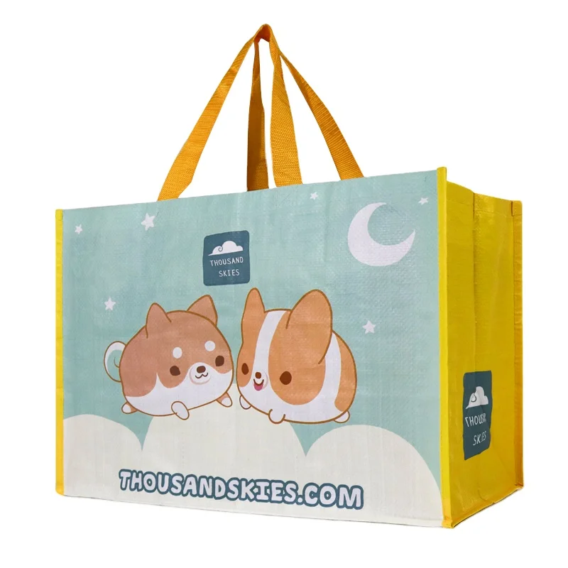 Reusable Beach Style Laminated PP Recycled Plastic Water Bottles Cotton Handle Woven Shopping Bags for Supermarket Grocery