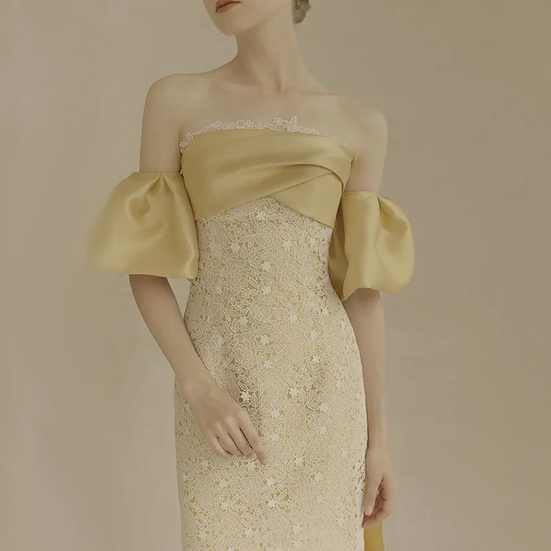 QUEENS GOWN Candy yellow off-shoulder high quality embroidery lace puff sleeve bow ribbon simple elegant princess prom