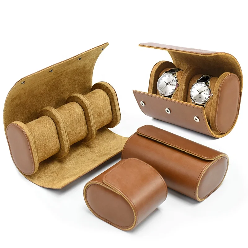 Handmade 1/2/3 slots leather roll up watch holder small mens single leather wrist watch roll travel case