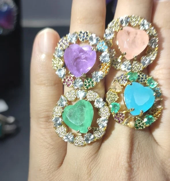 Hot Sale Paraiba Jewelry 18K Gold Plated Colorful Flower Big Heart Fusion Ring For Women