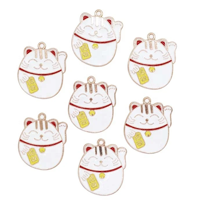 gold plated welcoming fortune cat white enamel lucky cat charm pendant 35*30mm