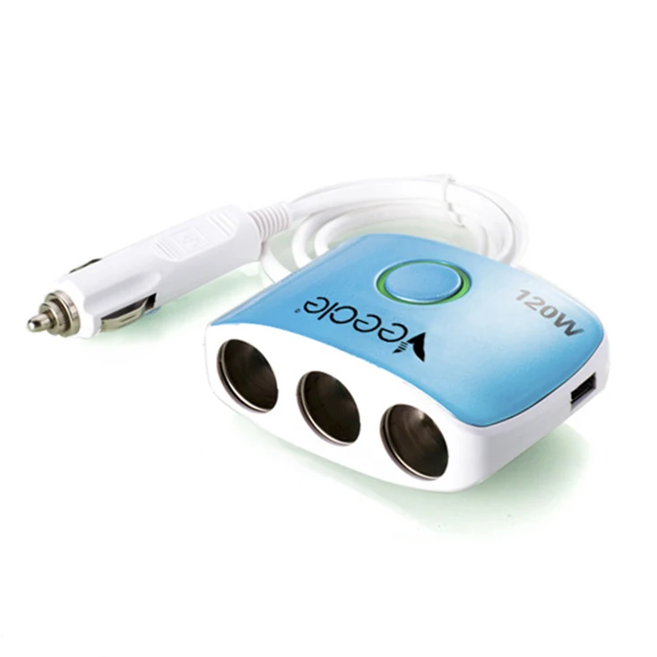 High quality truck multi-function 12V car cigarette lighter socket extended cable 3 way double USB charger with switch