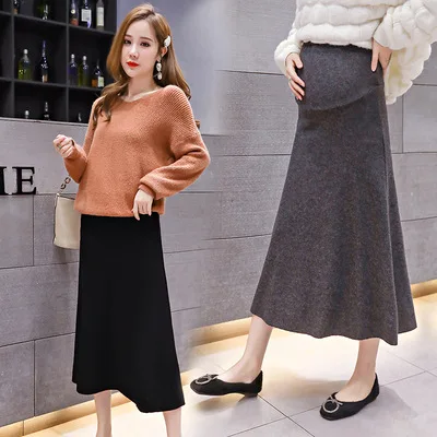 LLDRESS осенне-зимняя корейская модная длинная трикотажная юбка плиссированная юбка для беременных женщин с поддержкой талии для беременных