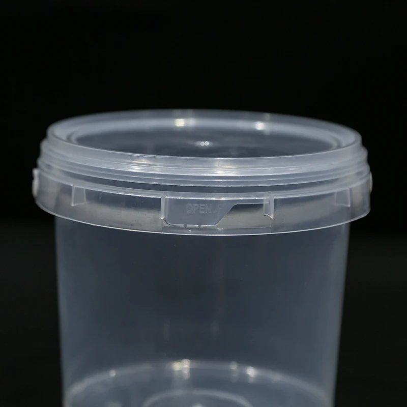 white clear plastic bucket with plastic handle