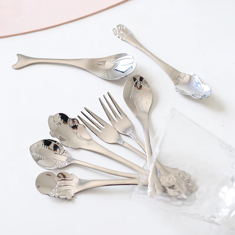 Funny fish shape 304 stainless steel teaspoon cake fork children spoon and fork