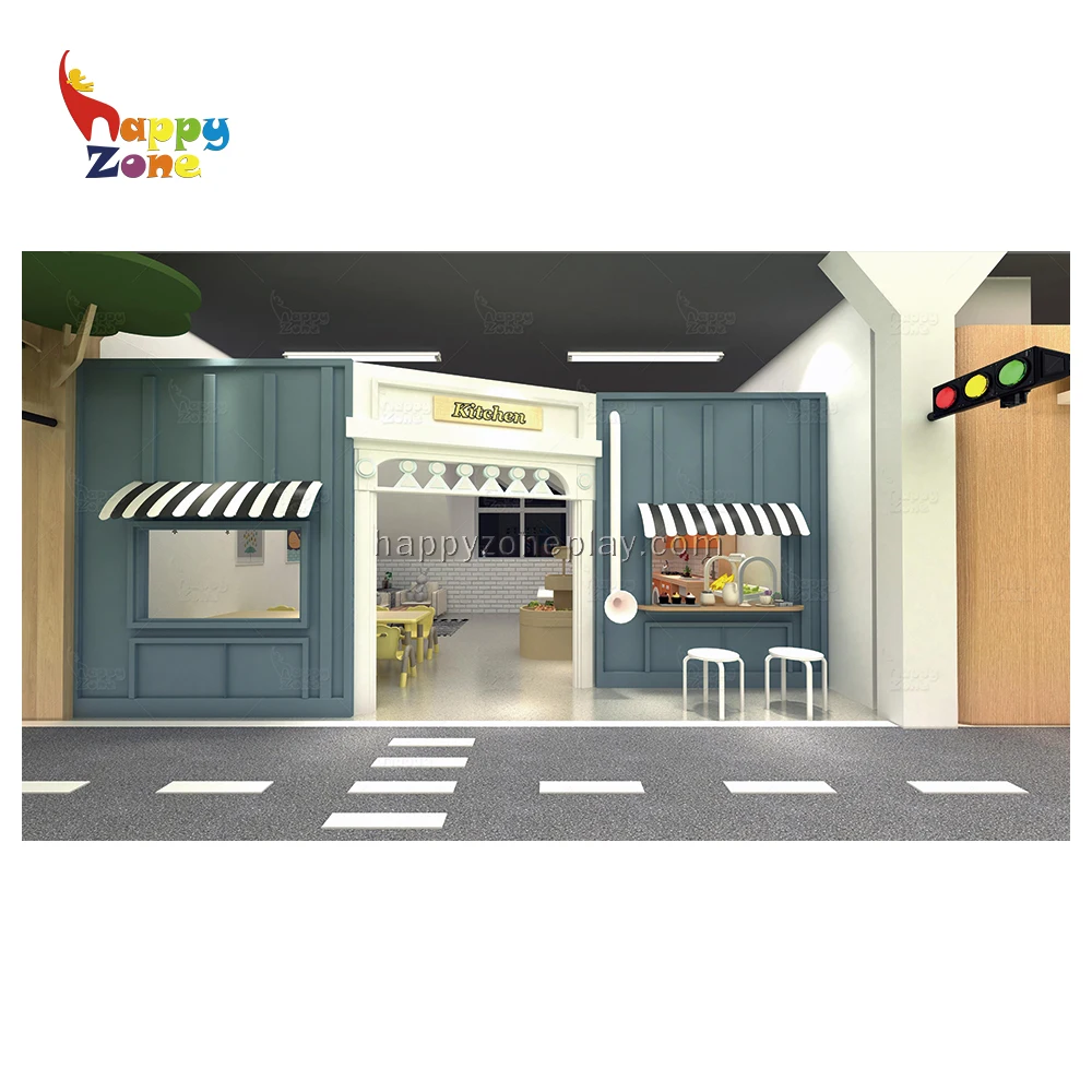 Wholesale Customized Wooden Role Play Gas Station Hospital Kitchen for Toddler Soft Kids Auto Repair shop for Indoor Playground