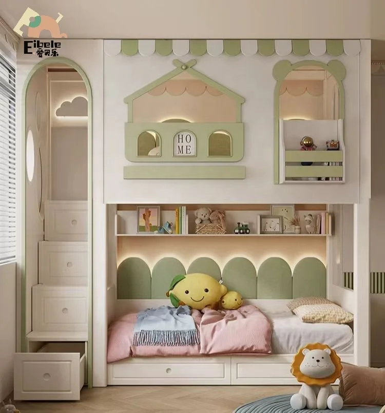 High Quality Indoor Bedroom Furniture Set Kids Wooden Double Bunk Beds for Children with Drawer Stairs and Slide