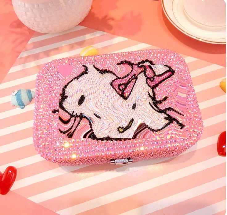 Hot Sale Daily Little Kitten Use Bling Bling Crystal Rhinestone L  Durable Leather Cosmetic Box with Mirror Make up Cases