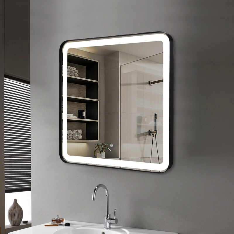 Modern Custom Square Touch Screen Vanity Wall Mounted Smart Anti Fog Framed With Led Light Bathroom Mirrors