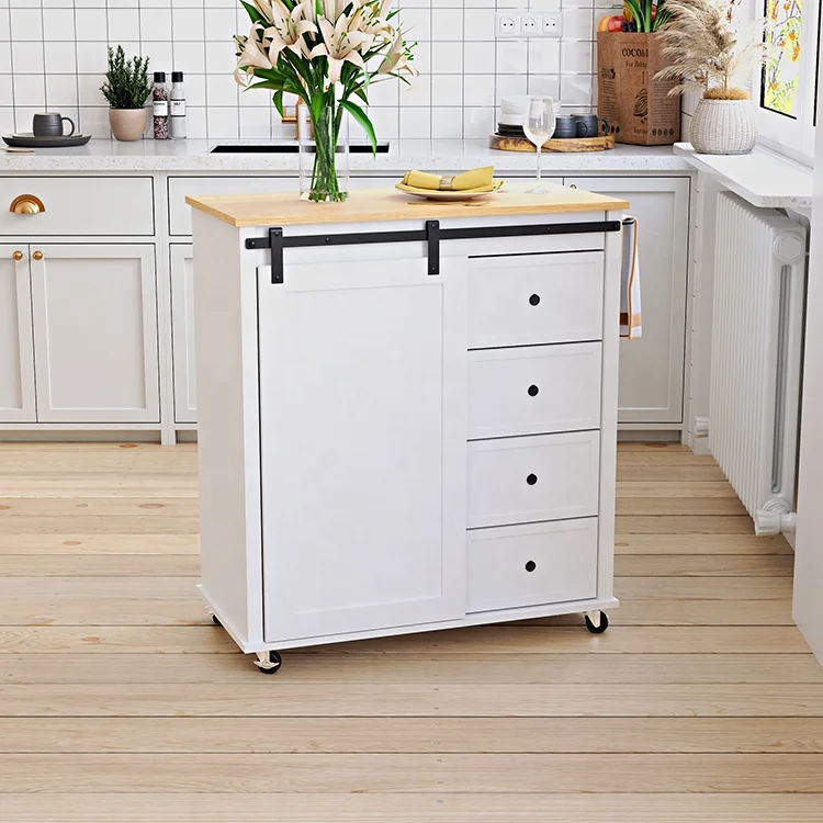 Sliding door design mobile white rubber wood rolling serving trolley kitchen island cart with drawer
