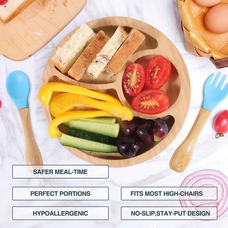 2022 New designer dinnerware  Baby Dinner Set food grade bamboo baby plate with silicone suction plates and bowls for toddlers