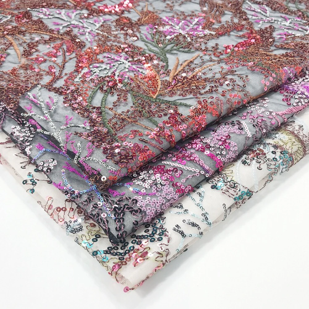 Embroidery fabric Polyester silk thread multicolor sequin embroidery fabric