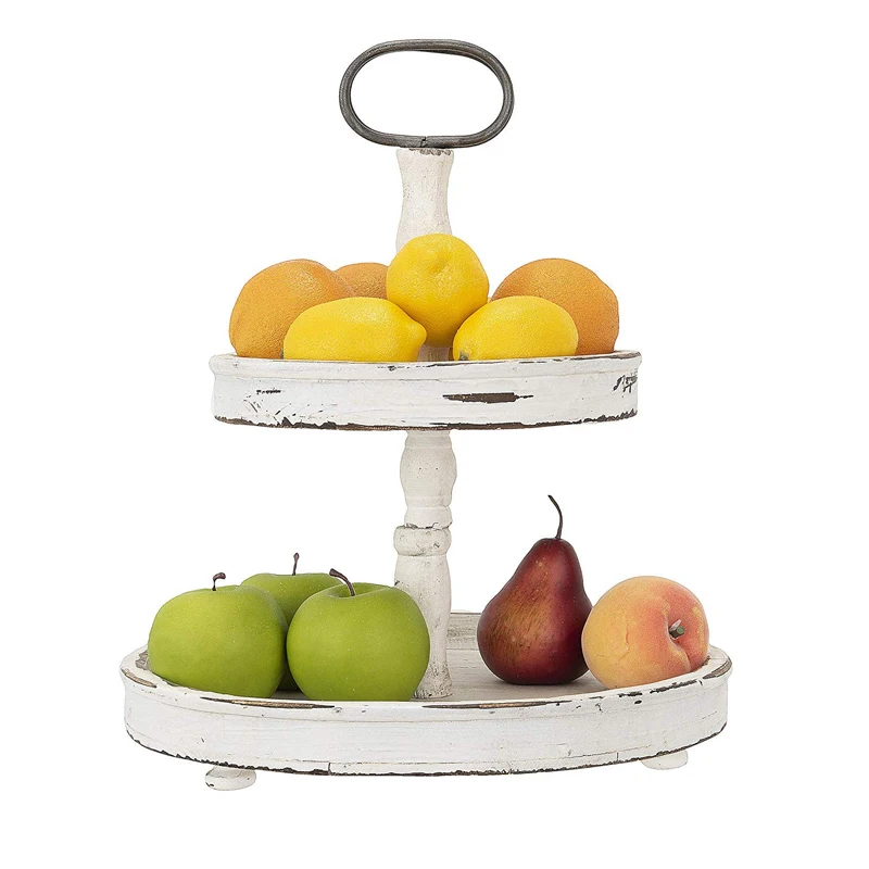 
Round Distressed Wooden 2-Tier Tray with Metal Handle 