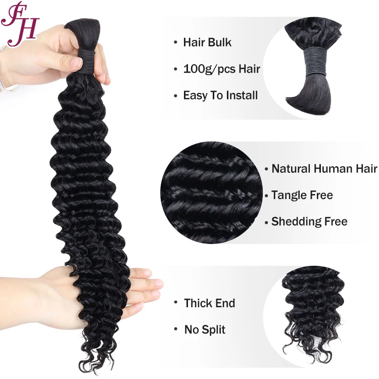 FH wholesale 12A raw bulk human hair for braiding 100g unprocessed hair deep wave afro kinky bulk braiding human hair no weft