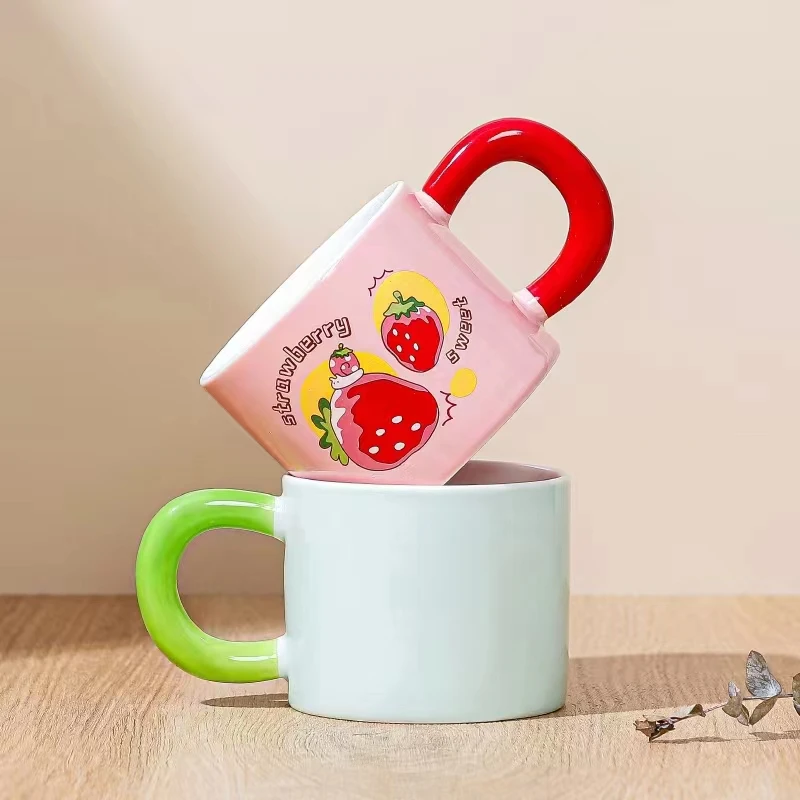Hot Selling Ins Style Girl Cute fruit Creative Mug 320ml Ceramic Coffee Cup With Fat Handle Customizable Logo