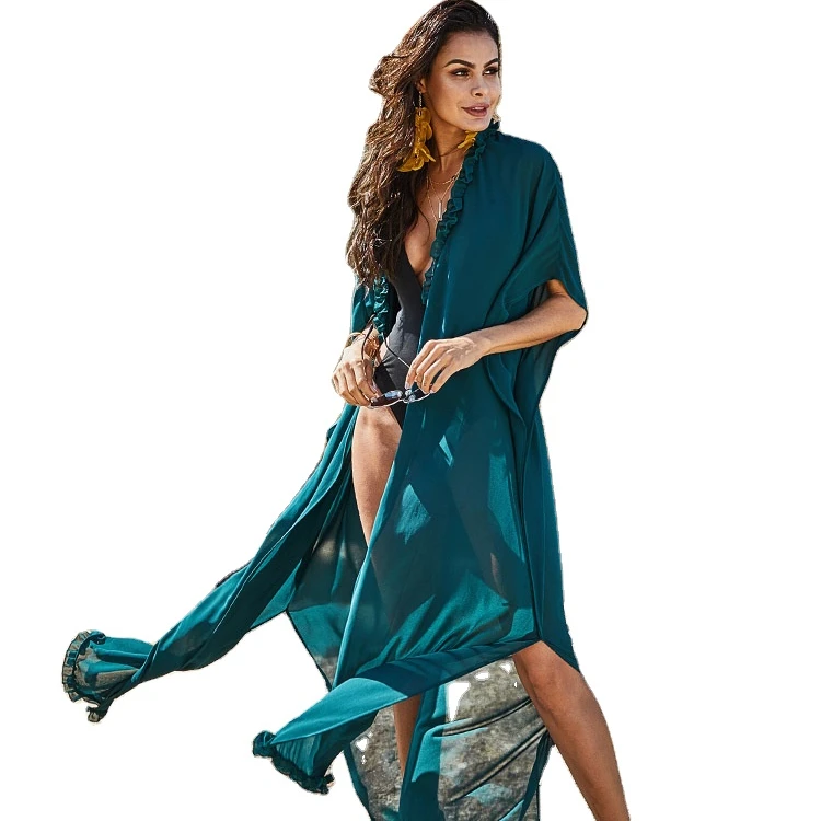 
Wooden ear sexy see-through swimsuit blouse long chiffon sun-protection cardigan beach dress 