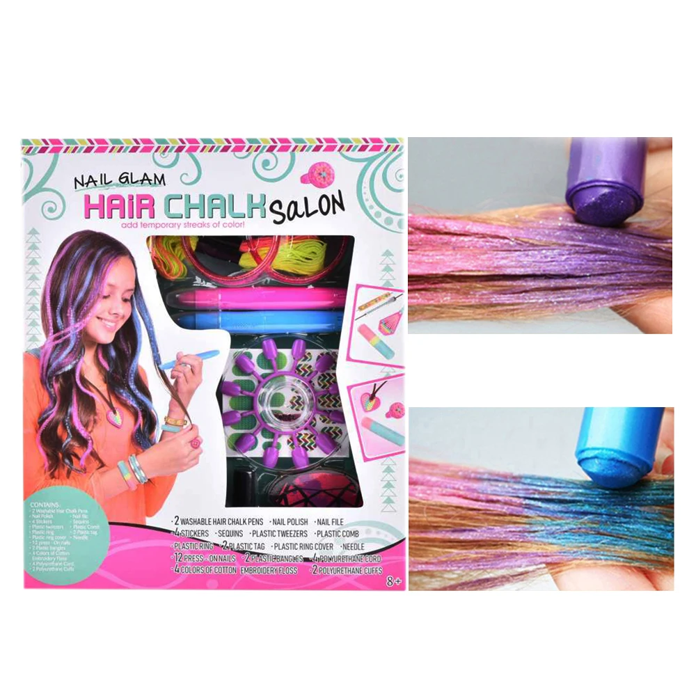 Beauty Play Set Press On Nails Polish Girls Toys Hair Chalk Makeup Set For Kids
