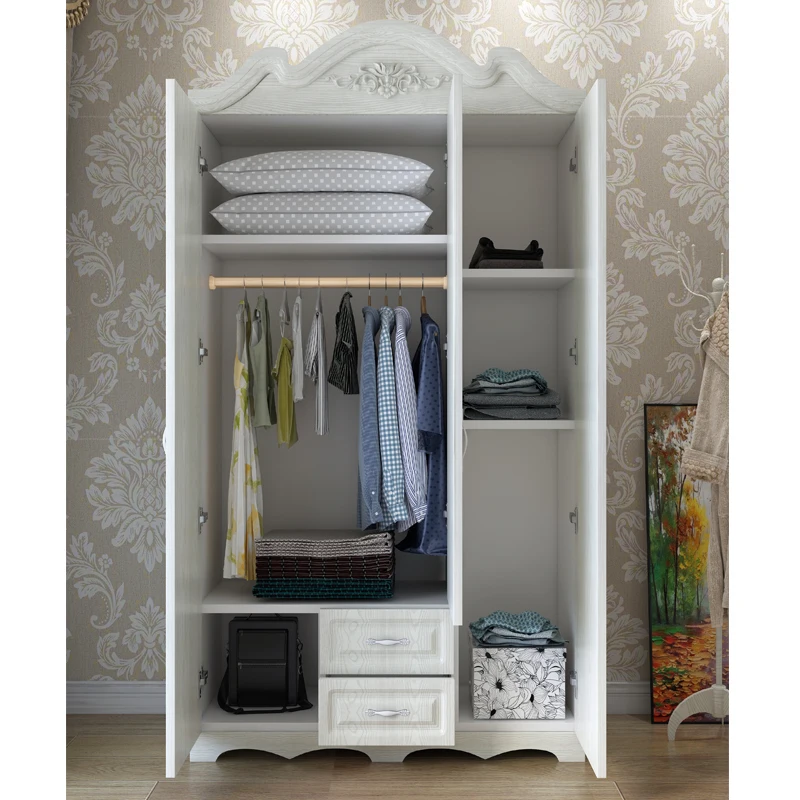 white Bedroom armoire wardrobe with mirror design 2 drawers sliding rollers cabinet 4 door mdf storage with hangers