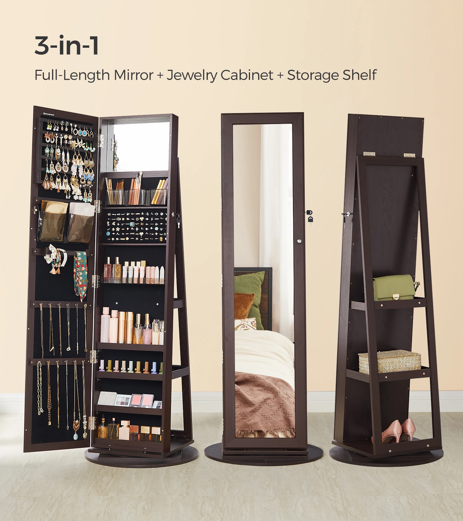 SONGMICS Bedroom Furniture New Design Storage 360 Swivel Standing Mirror Jewelry Cabinet