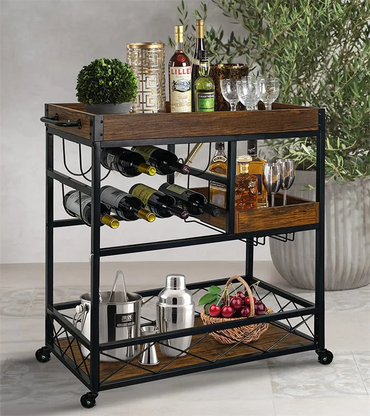 Kitchen Serving Carts for Home 3 Tier Storage Trolley with Wine Rack Glasses Holder