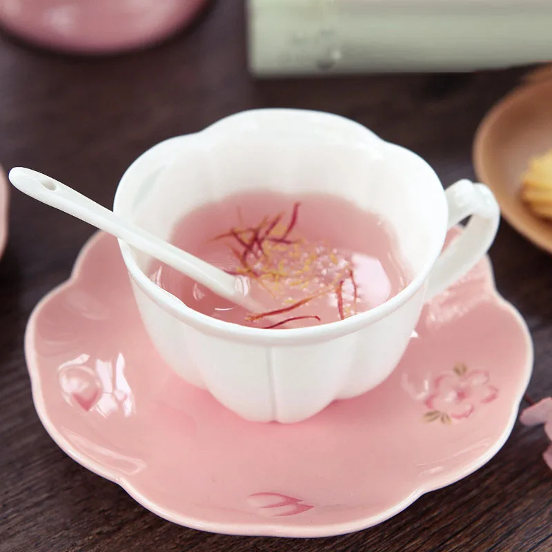 Cherry blossom ceramic cup afternoon camellia tea cup with Saucer Spoon Set