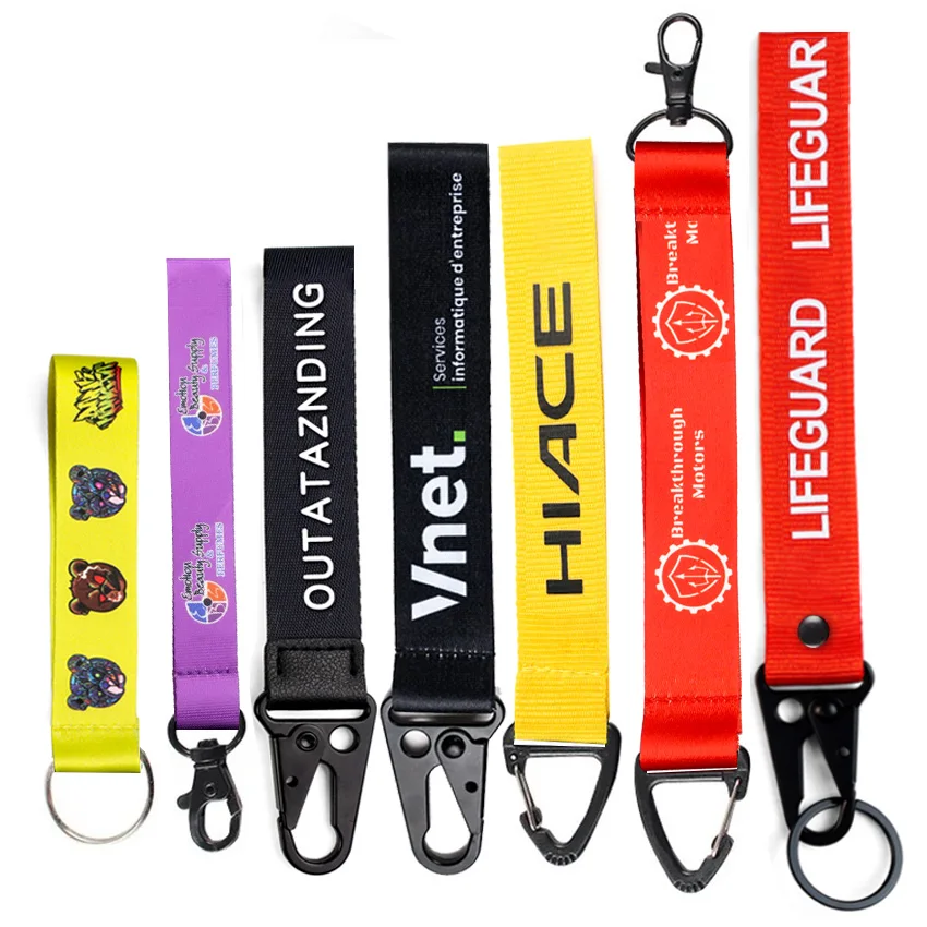 Wholesale Custom logo printed wrist strap lanyards polyester Woven Embroidered Short keychain lanyard key chain