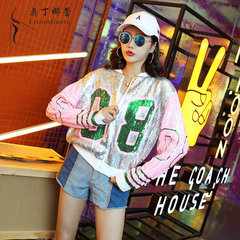 Autumn Women Sequin Coat Jacket Long Sleeve Zipper Loose Streetwear Tunic Jazz Dance Costume