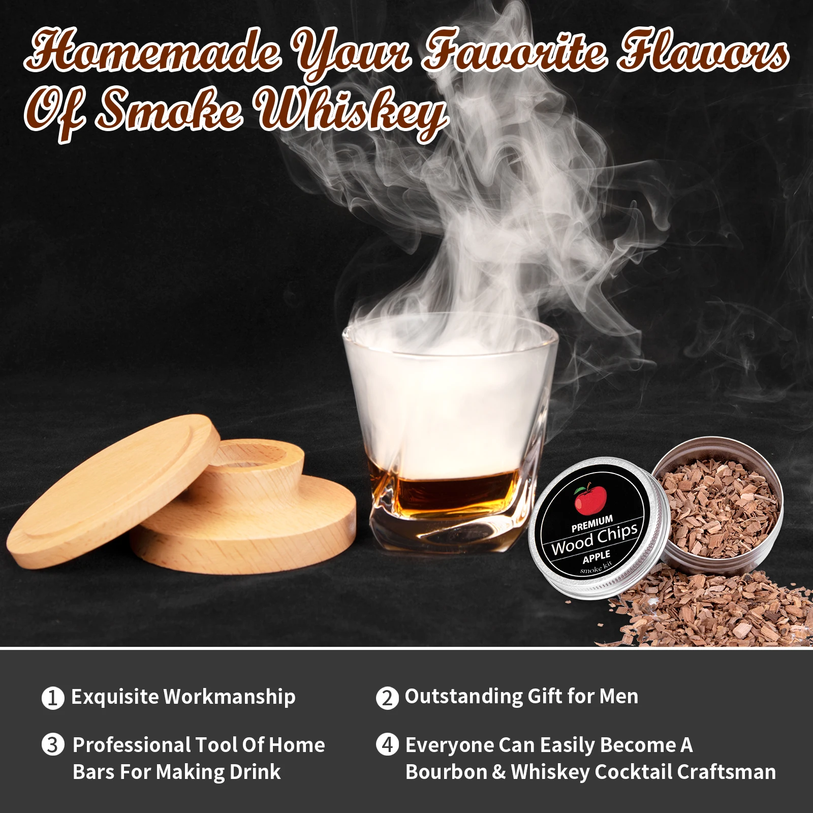 Customized Cocktail Whiskey Smoker Kit With 4 Kinds Wood Chips and Cocktail smoker Torch in Color Box For Whiskey Bourbon