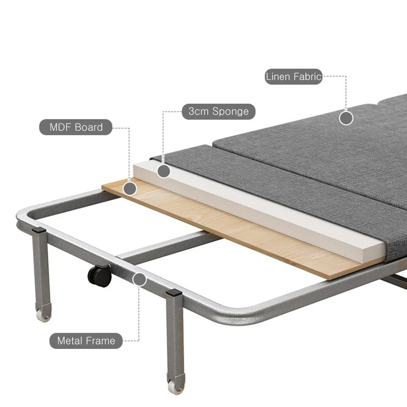 Rollaway Folding Bed with Mattress Portable Camping Cot Guest Bed, Office Movable Nap Sleeper with Wheels Sturdy Metal Frame
