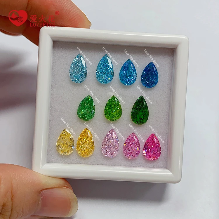 Top grade synthetic cz stones cubic zirconia price 4k crushed ice cut pear Blue Green Orange color cubic zirconia