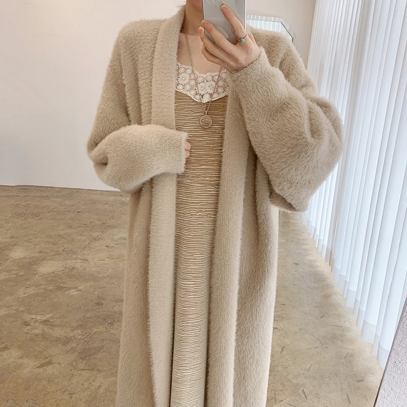 Wholesale 2021 Autumn and Winter Elegant Loose Over The Knee Mid-length Long-sleeved Warm Fashion Imitation Mink Cardigan Jacket