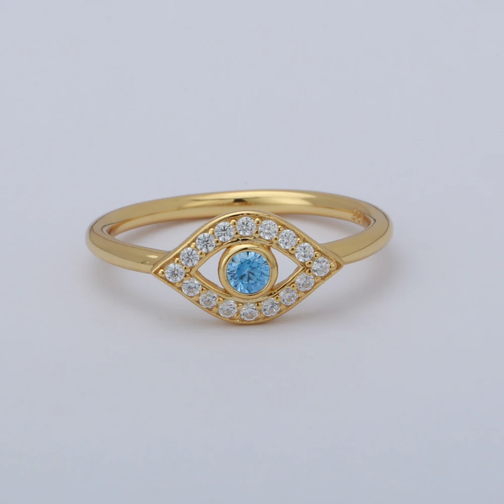 Wholesale Fine Jewelry Halka 925 Sterling Silver Turkish Bisuteria Jewellery 18K Gold Plated Blue Evil Eyes Demon Talisman  Ring