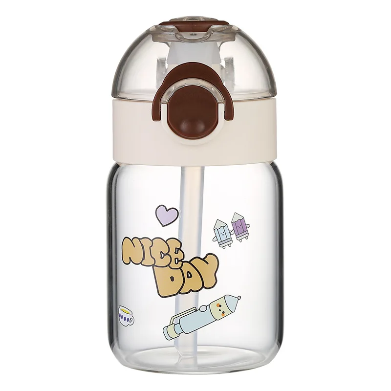 Wholesale 380ml Kids Drinking Bottle Borosilicate Glass Cartoon Baby Water Bottle With Straw Travel Leakproof Milk Cup