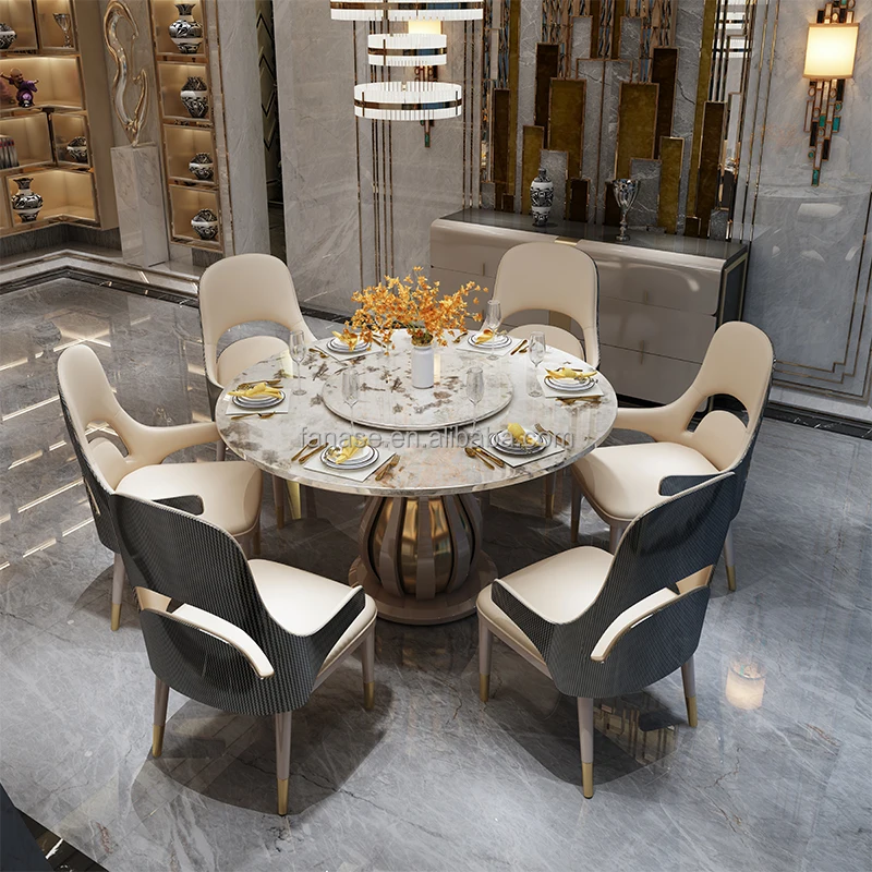 Vintage Classical Furniture Table Leg Hollowed Out Design Circular Round Upper And Lower Layers Marble Rotating Dining Tables