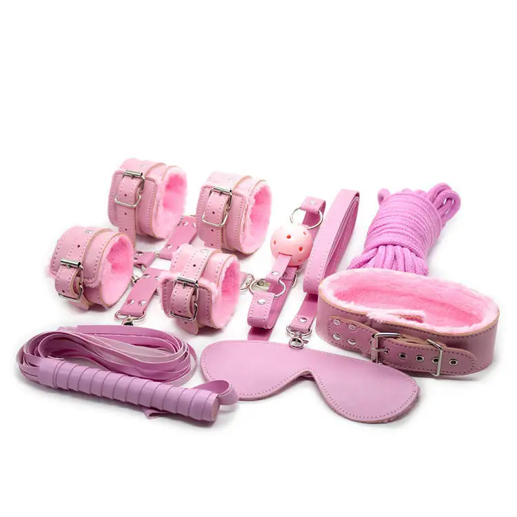 GF Adult Products Bondage Pink Plush Eight-piece Set Rope Handcuffs Cross Leather Whip Neck Sleeve Mouth Plug Bdsm Sex Suit