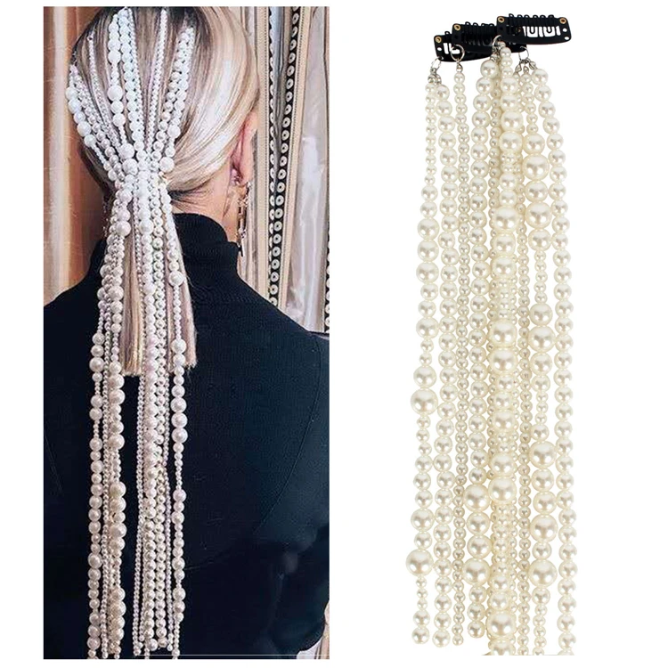 Women Pearl Beaded Hair Chain Head  Accessories Long Tassel Pearl Hair Chain