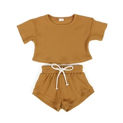 Wholesale baby clothing set Kids short sleeve top pants solid color summer wear