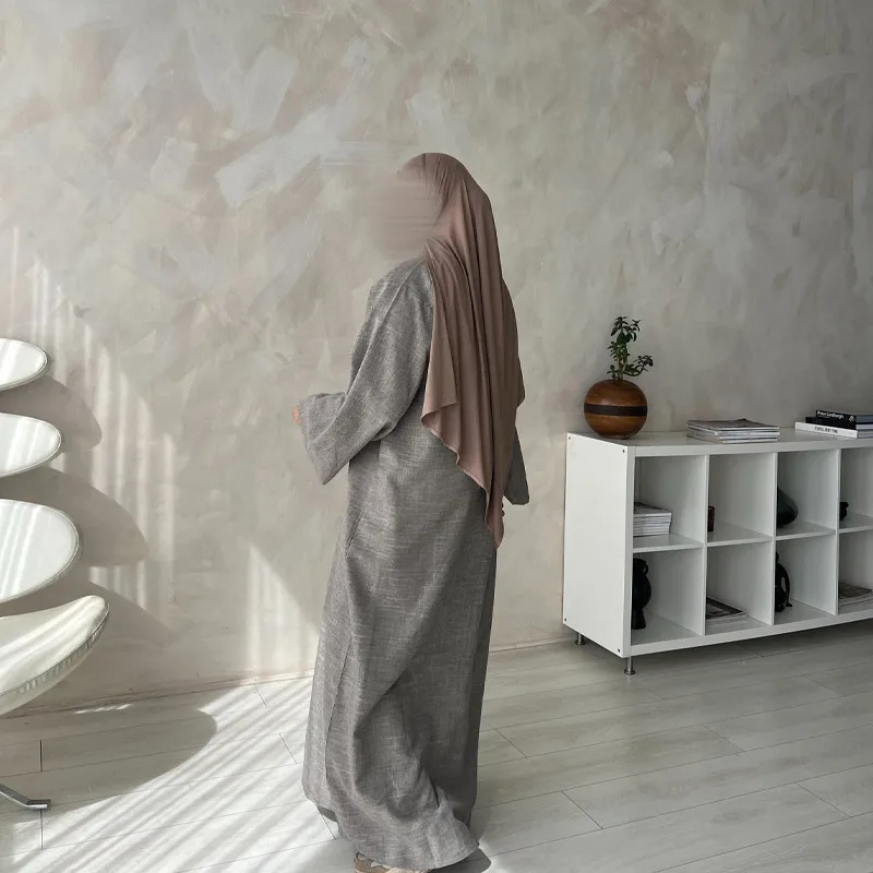 Custom design premium linen blend women abaya solid color breathable muslim dubai abaya women closed linen abaya
