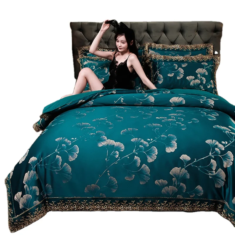 American Style linen blend nature wedding Polyester Satin Jacquard 4 pcs Duvet Cover Set