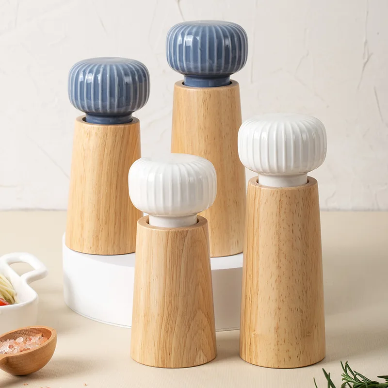 Eco-friendly Hand-operated Wooden Pepper Grinder Convenient Ceramic Seasoningf Jar With Anti-dust Ceramic Lid