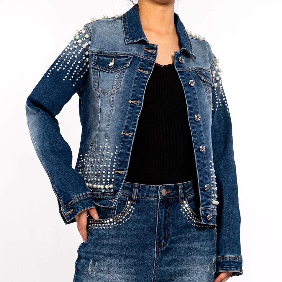 Custom Women Navy Blue Heavy Duty Pearl Rhinestone Long Sleeve Lapel Jean Jacket