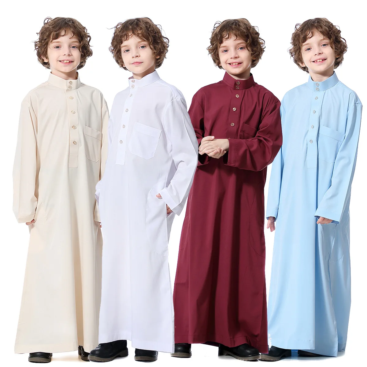 Hot sale Saudi Dubai white light blue maroon red children muslim islamic clothing for kids boys  thobe