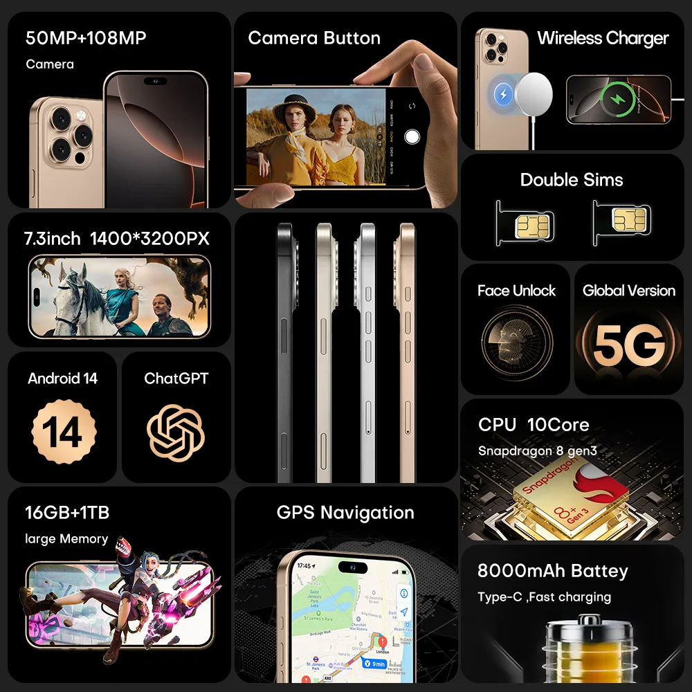 Original 5G Smartphone For 16 Pro Max Smart Phone i16 15 16G 1TB Mobile Phone Dropshipping Unlocked Cheap telefono inteligente