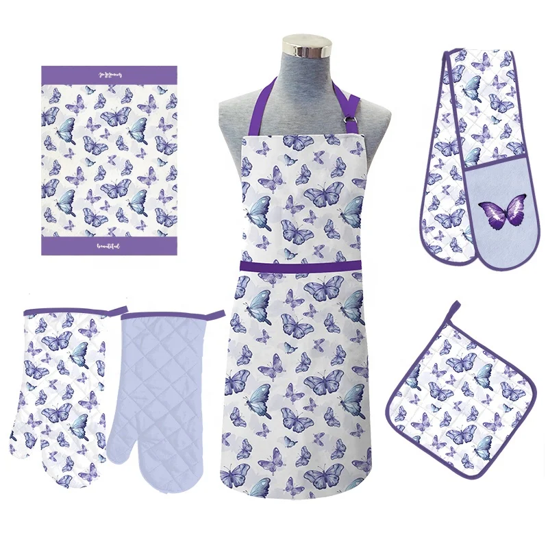 Custom New Design Printed Polyester Cotton Butterfly Pattern Chef Cooking Apron and Kitchen Towel Oven Glove Pot Holder Set