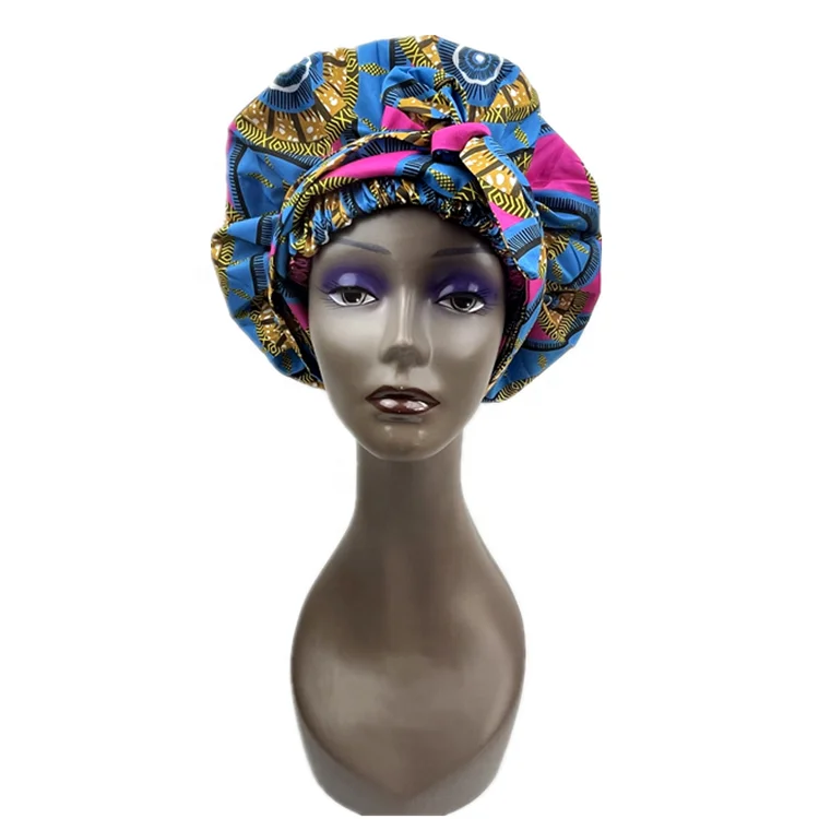 African pattern satin linned bonnet With Long Ribbon headwrap Double Layer Headwrap headscarf Ankara Big Size Women Hair Cover